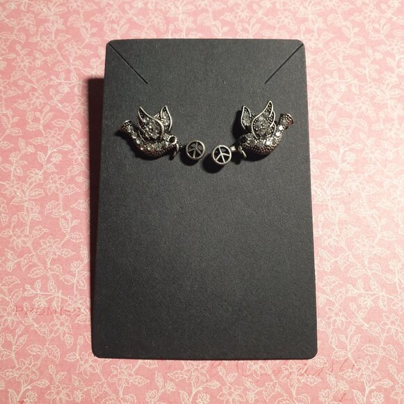 Vintage Rhinestone Bird Stud Earrings Peace Symbol Charm Women Boho Hippie - Picture 1 of 4